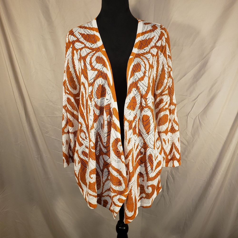 Open-Front Orange and White Patterned Women's Cardigan Sweater - Chico's 1